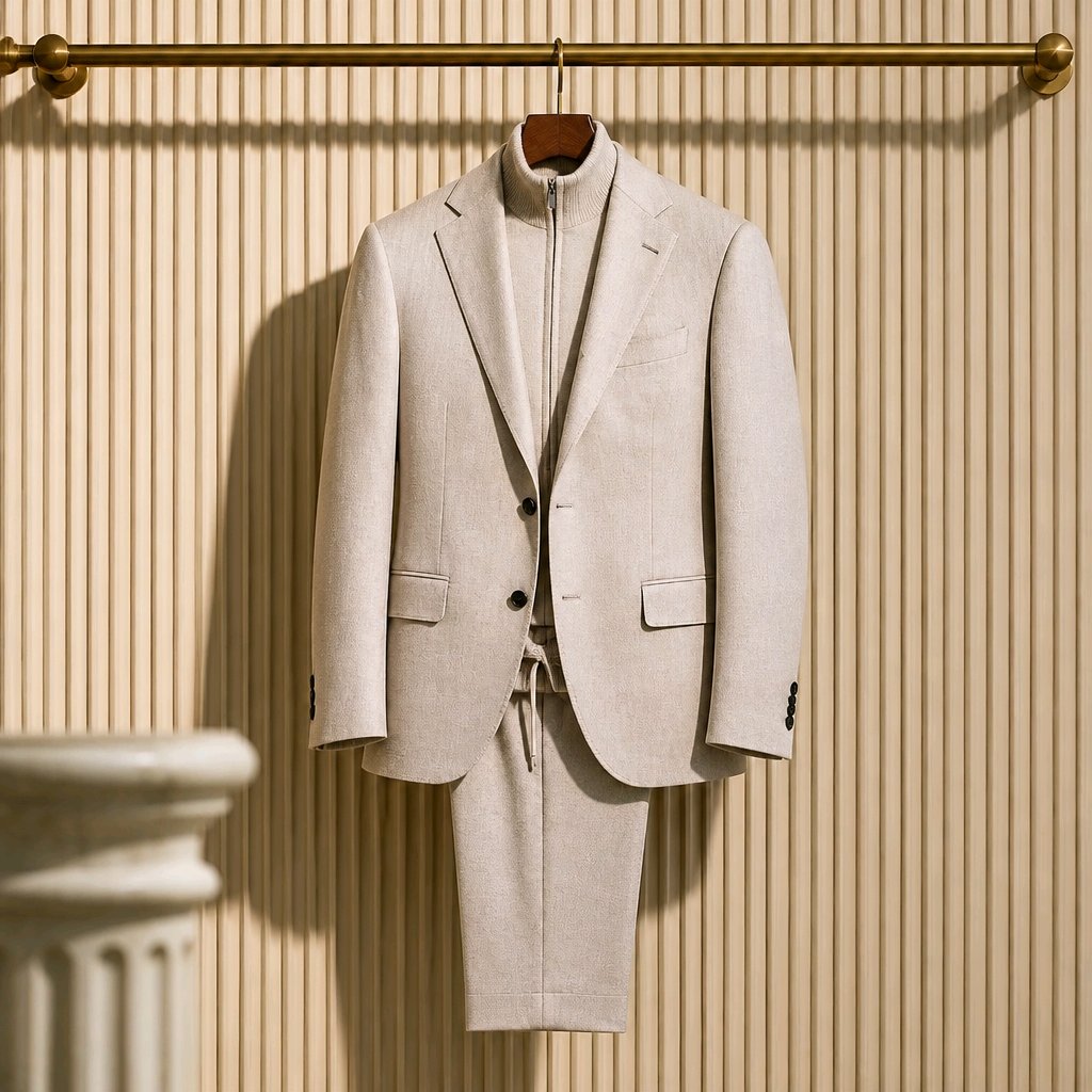 A light beige linen suit with a matching vest and trousers, hanging on a wooden hanger from a gold clothing rack against a beige ribbed wall.