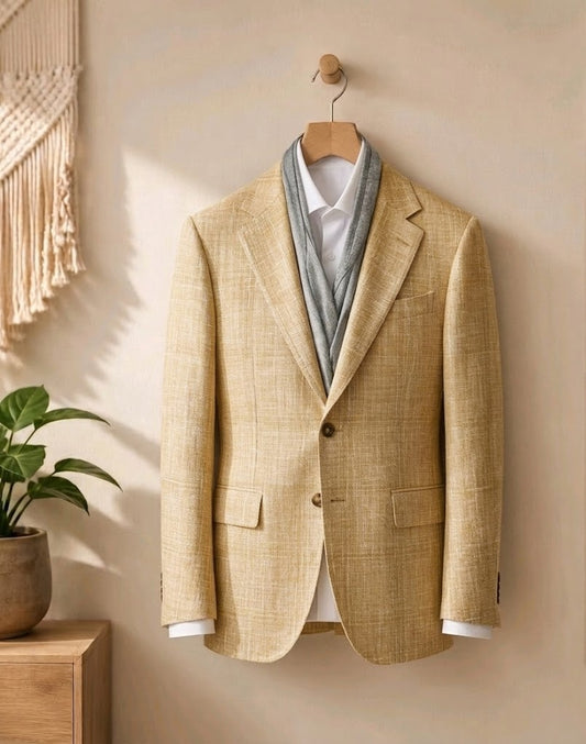 A light beige textured blazer jacket hanging on a wooden hanger against a warm beige wall, styled with a gray knit sweater, white shirt, and a small potted plant on a wooden side table.