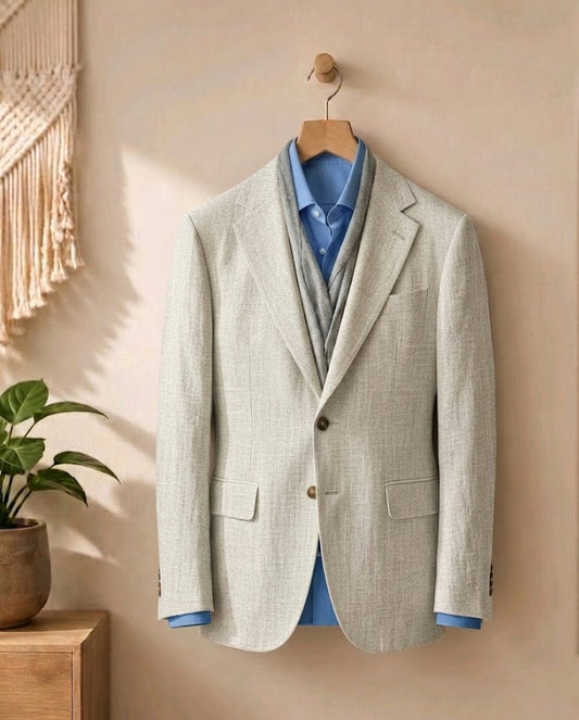A light beige textured blazer jacket styled over a blue shirt and vest, hanging on a wooden hanger against a warm beige wall in a styled interior setting.
