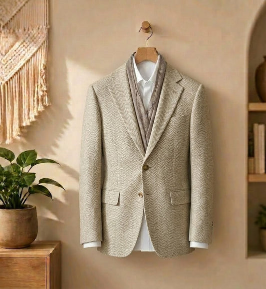A light beige textured blazer jacket styled with a white collared shirt and a taupe-gray knit sweater vest, hanging on a wooden hanger against a warm beige wall with home decor elements.