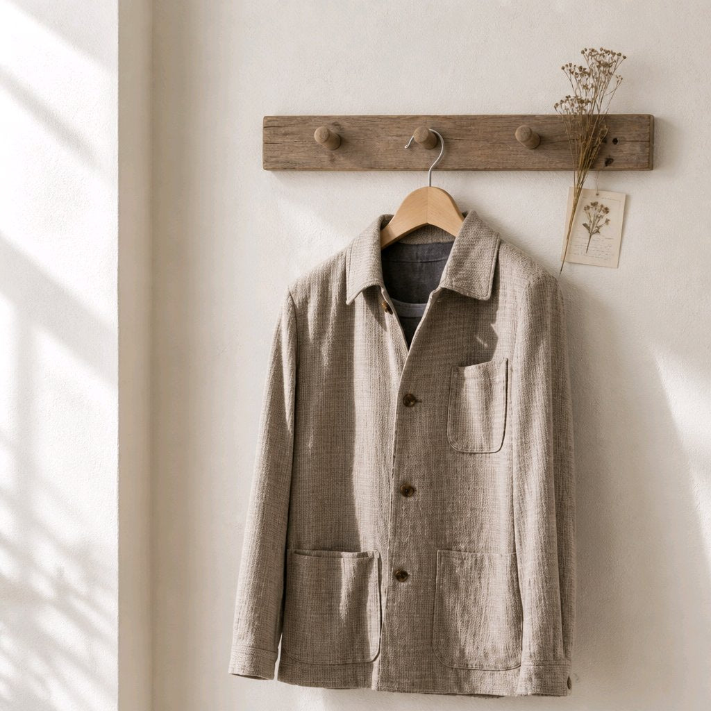 A light beige textured linen utility jacket with a collar and front pockets, hanging on a wooden hanger from a rustic wooden wall rack against a warm off-white wall.