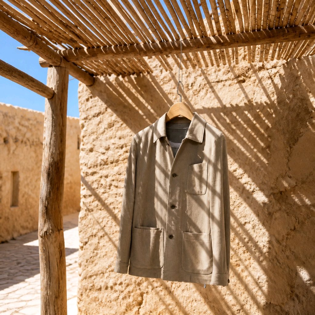 A light beige utility jacket hanging on a wooden hanger against a rustic adobe wall under a bamboo roof, with dappled sunlight and shadows.