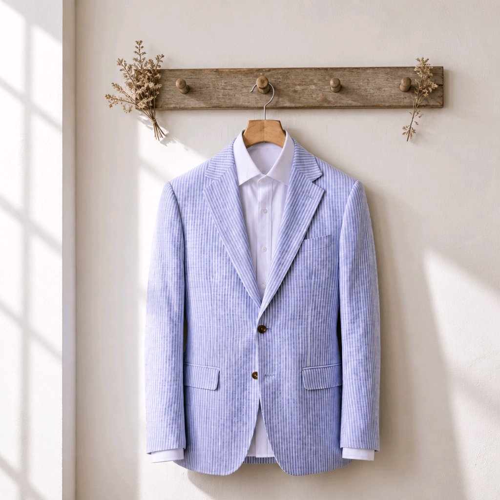 A light blue and white vertically striped corduroy blazer jacket hanging on a wooden hanger against a warm beige wall, styled with a white dress shirt and a rustic wooden coat rack with dried floral accents.