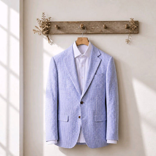 A light blue and white vertically striped corduroy blazer jacket hanging on a wooden hanger against a warm beige wall, styled with a white dress shirt and a rustic wooden coat rack with dried floral accents.