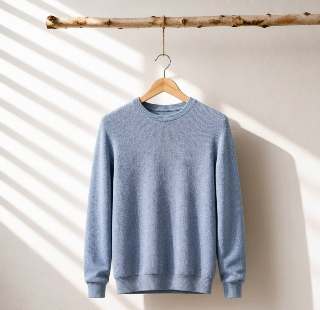 A light blue crewneck sweater hanging on a wooden hanger from a natural branch, set against a warm off-white wall with soft diagonal window shadow patterns.