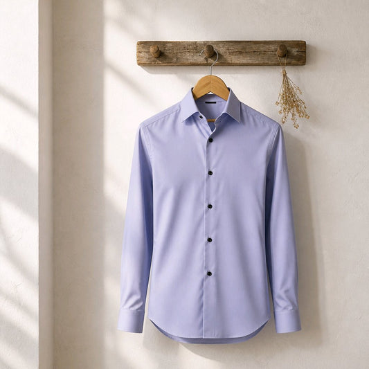 A light blue long-sleeve button-down dress shirt hanging on a wooden hanger from a rustic wooden peg rack against a textured beige wall.