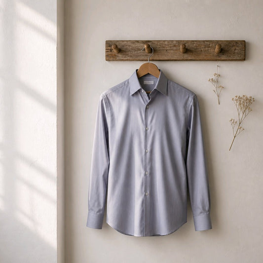A light blue long-sleeve button-up dress shirt hanging on a wooden hanger from a rustic wooden wall rack, with dried flowers on the right and soft window shadows on the left.