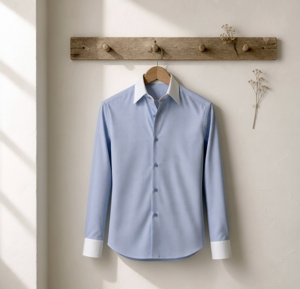 A light blue long-sleeve button-up dress shirt with a white collar and white cuffs, hanging on a wooden hanger from a rustic wooden wall rack against a textured off-white wall.