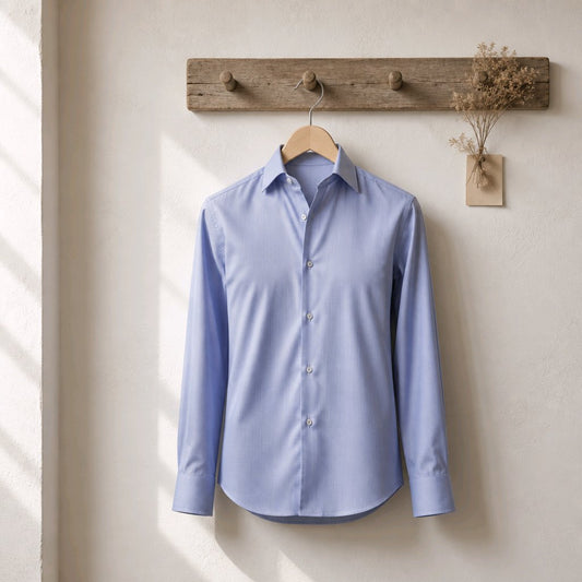 A light blue long-sleeve button-up shirt hanging on a wooden hanger from a rustic wooden wall hook, with a small vase of dried flowers to the right, set against a textured off-white wall with soft window shadows.