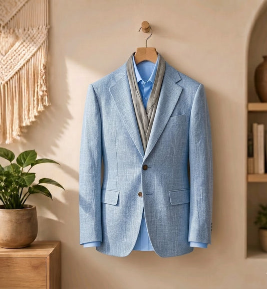 A light blue textured blazer jacket hanging on a wooden hanger against a warm beige wall, styled with a light blue dress shirt and a gray knit sweater draped inside the collar. The scene is decorated with a macrame wall hanging, a potted green plant, and a built-in wooden shelf with books and a ceramic vase.