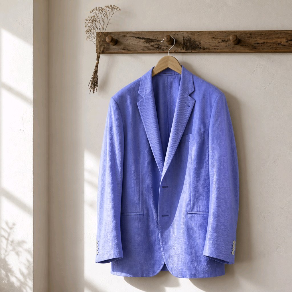 A light blue textured blazer jacket hanging on a wooden hanger from a rustic wooden wall rack, with soft sunlight casting shadows on the left against a textured off-white wall.