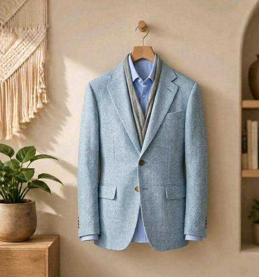 A light blue textured blazer jacket styled with a light blue dress shirt and a gray knit sweater vest, hanging on a wooden hanger against a warm beige wall in a cozy room setting.