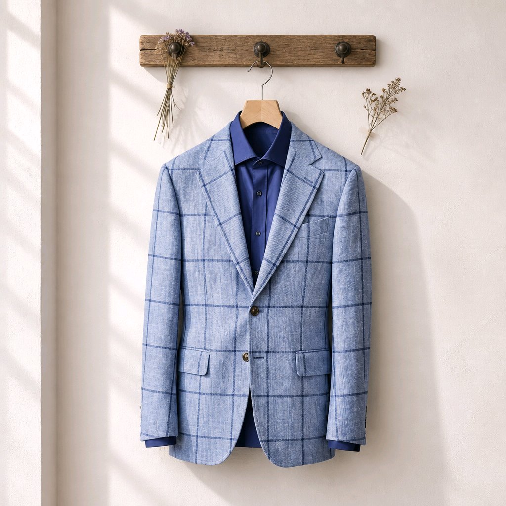 A light blue windowpane plaid blazer jacket hanging on a wooden hanger on a rustic wooden wall rack, styled with a navy blue dress shirt underneath. The scene is lit by warm natural light with soft shadows on a cream-colored wall.