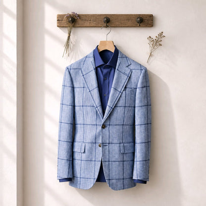 A light blue windowpane plaid blazer jacket hanging on a wooden hanger on a rustic wooden wall rack, styled with a navy blue dress shirt underneath. The scene is lit by warm natural light with soft shadows on a cream-colored wall.