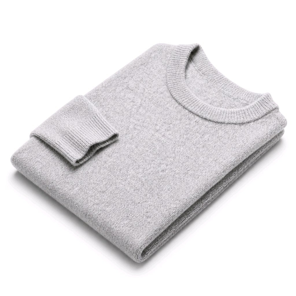 A light gray folded knit sweater with a ribbed crew neck and folded cuff, shown on a clean white background.