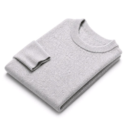 A light gray folded knit sweater with a ribbed crew neck and folded cuff, shown on a clean white background.
