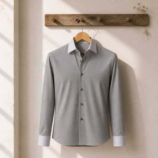 A light gray long-sleeve button-up shirt with a contrasting white inner collar and cuffs, hanging on a wooden hanger from a rustic wooden coat rack against a textured beige wall.