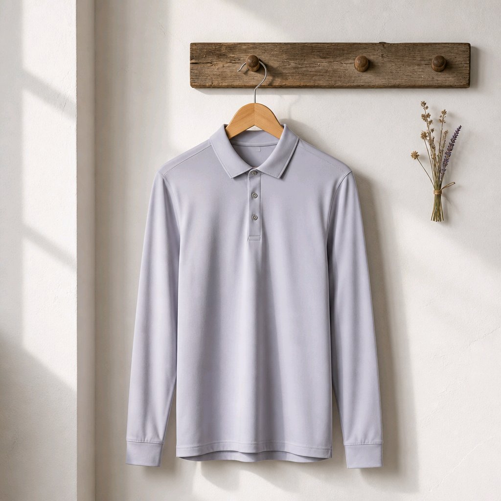 A light gray long-sleeve polo shirt hanging on a wooden hanger from a rustic wooden peg rail on a textured off-white wall, with soft window shadows falling across the left side.