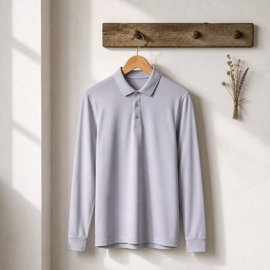 A light gray long-sleeve polo shirt hanging on a wooden hanger from a rustic wooden peg rail on a textured off-white wall, with soft window shadows falling across the left side.