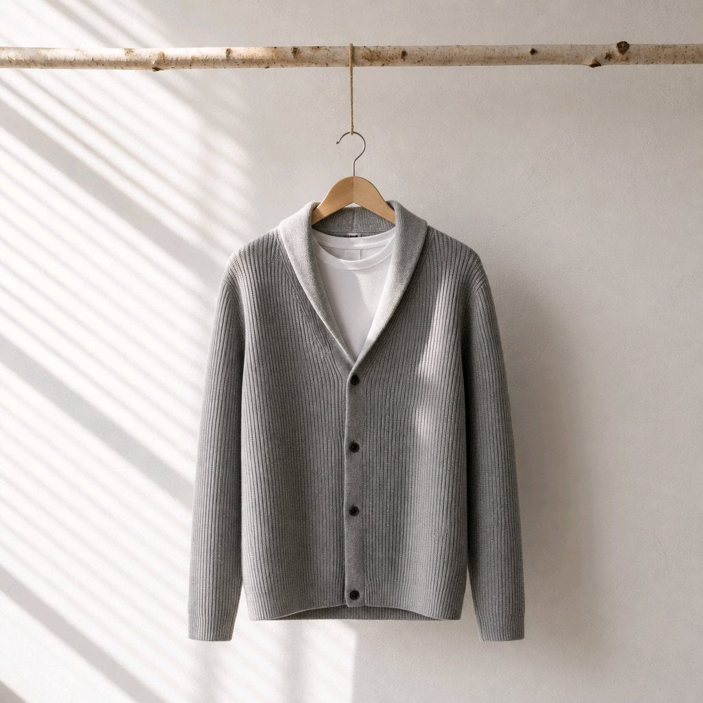 A light gray ribbed knit cardigan sweater with a shawl collar, hanging on a wooden hanger from a rustic horizontal branch. The cardigan is layered over a white t-shirt and is photographed against a neutral off-white wall with soft diagonal window shadow patterns.