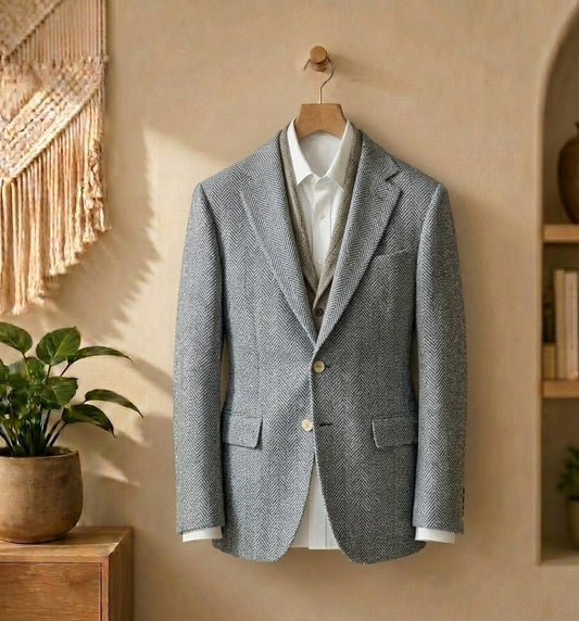 A light gray textured blazer jacket styled over a white collared shirt and a beige knit sweater vest, hanging on a wooden hanger against a warm beige wall in a styled interior setting.