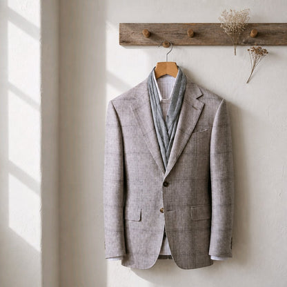 A light gray textured blazer jacket with a subtle windowpane pattern, styled with a gray knit scarf and a white shirt, hanging on a wooden hanger from a rustic wooden wall hook.