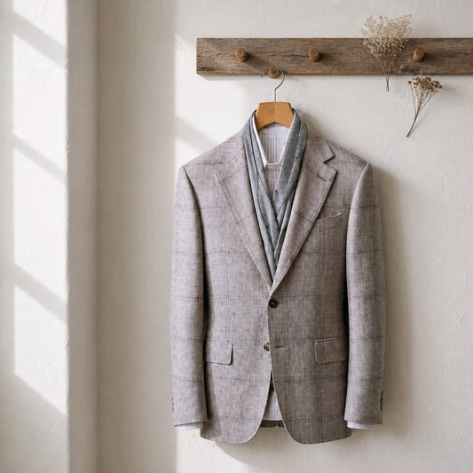 A light gray textured blazer jacket with a subtle windowpane pattern, styled with a gray knit scarf and a white shirt, hanging on a wooden hanger from a rustic wooden wall hook.