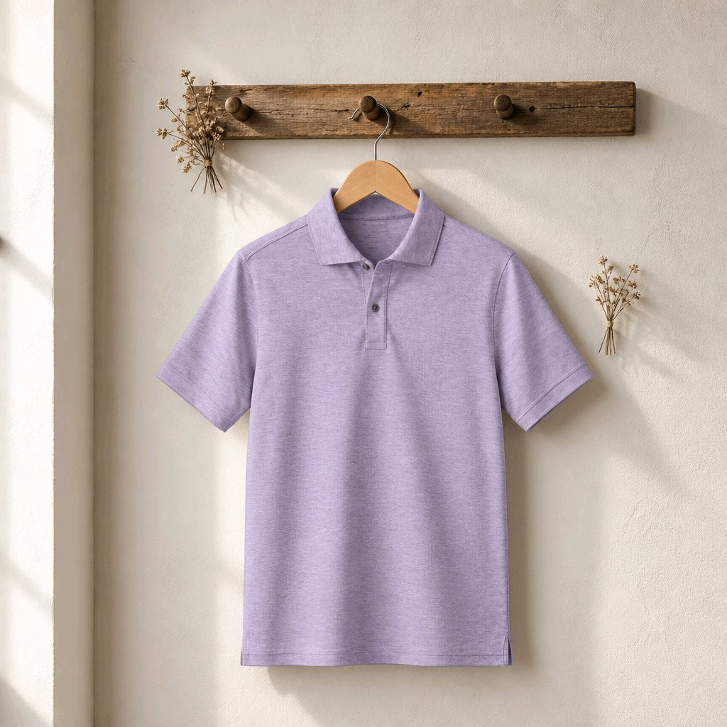 A light grey short-sleeve polo shirt hanging on a wooden hanger from a rustic wooden peg rack against a textured off-white wall.