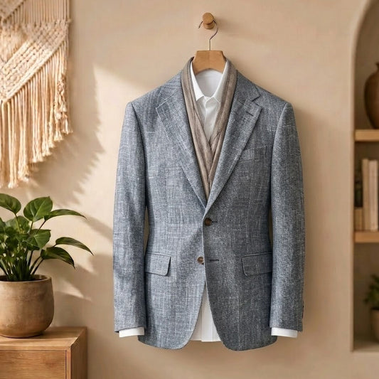 A light grey textured blazer jacket styled with a beige knit sweater vest, white collared shirt, and brown leather belt, hanging on a wooden hanger against a warm beige wall in a styled room setting.