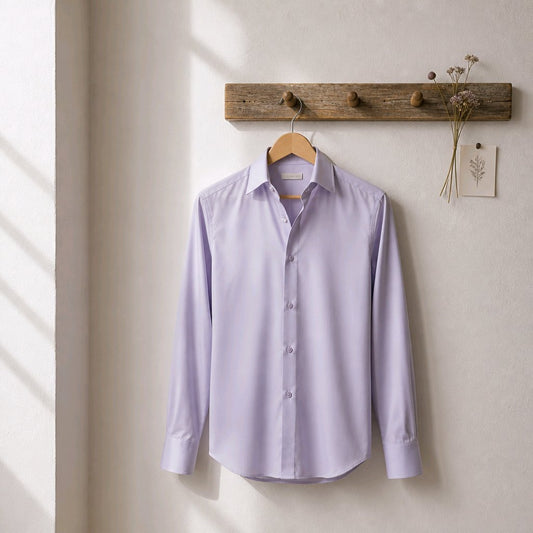 A light lavender long-sleeve button-up dress shirt hanging on a wooden hanger from a rustic wooden peg rail on a textured off-white wall.
