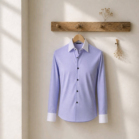 A light lavender long-sleeve button-up shirt with a white pointed collar and white cuffs, hanging on a wooden hanger from a rustic wooden wall hook.