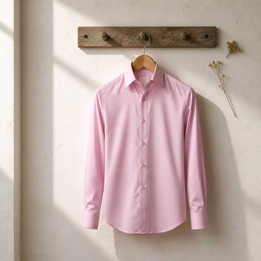 A light pink long-sleeve button-up dress shirt hanging on a wooden hanger from a rustic wooden wall hook, set against a textured off-white wall with soft diagonal sunlight and shadows.