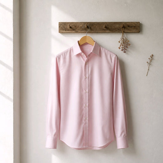 A light pink long-sleeve button-up dress shirt hanging on a wooden hanger from a rustic wooden wall rack, set against a textured off-white wall with soft window light casting shadows.