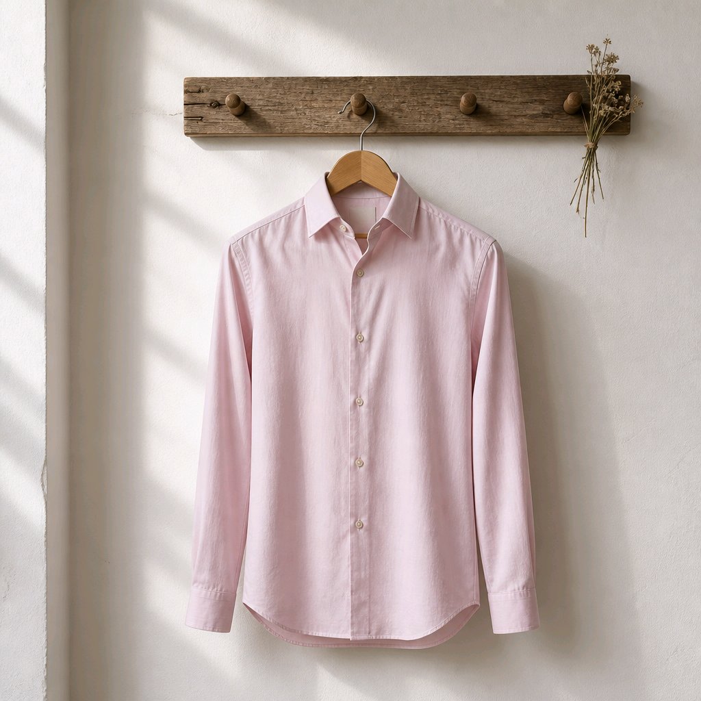 A light pink long-sleeve button-up shirt hanging on a wooden hanger from a rustic wooden wall hook, set against a textured off-white wall with soft window shadow patterns.
