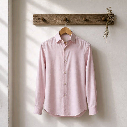 A light pink long-sleeve button-up shirt hanging on a wooden hanger from a rustic wooden wall hook, set against a textured off-white wall with soft window shadow patterns.