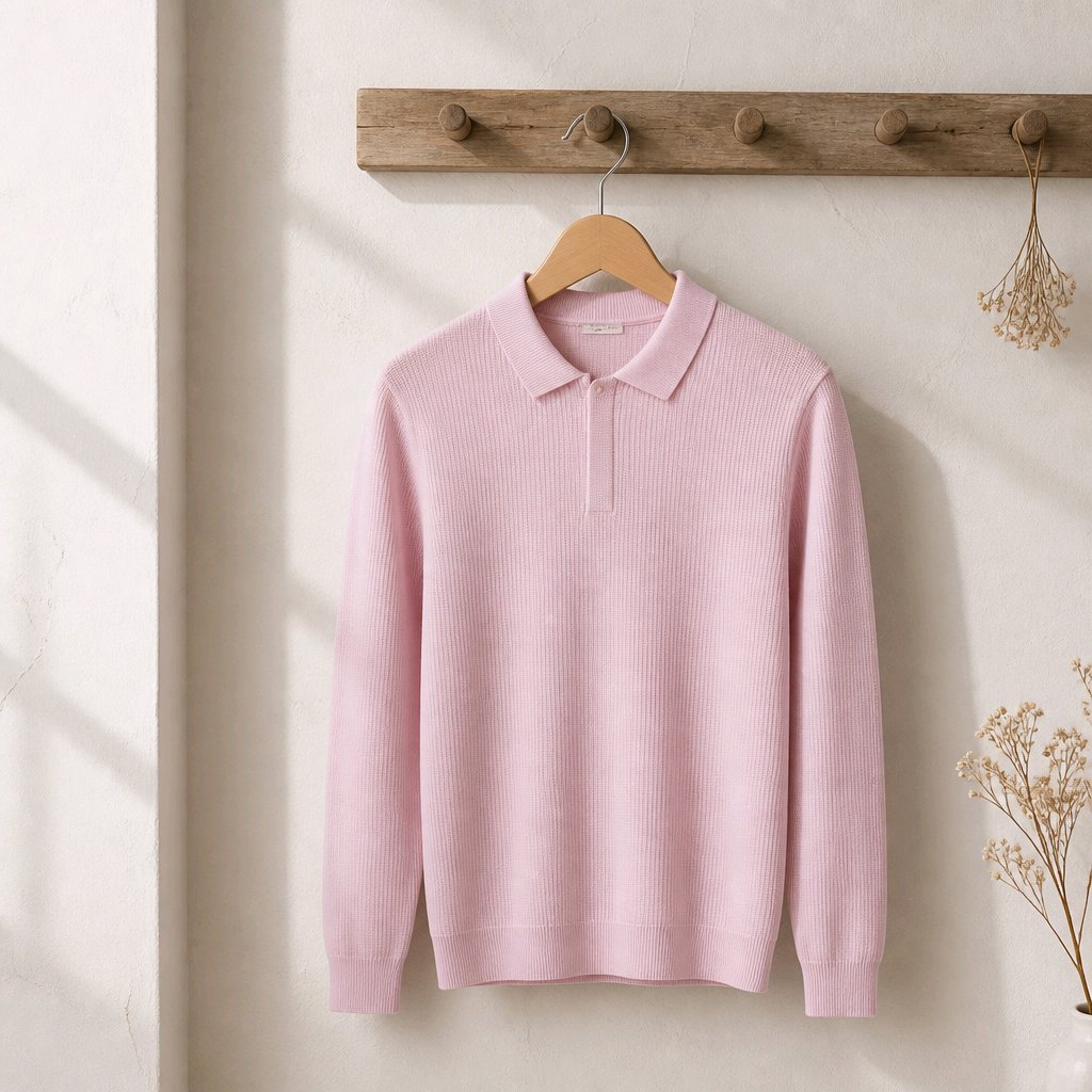 A light pink ribbed knit polo sweater hanging on a wooden hanger from a rustic wooden peg rack against a textured beige wall.