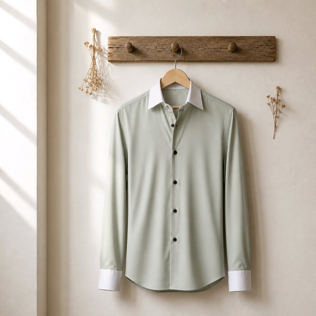 A light sage green long-sleeve button-up shirt with a contrasting white collar and white cuffs, hanging on a wooden hanger from a rustic wooden peg rack on a textured beige wall.