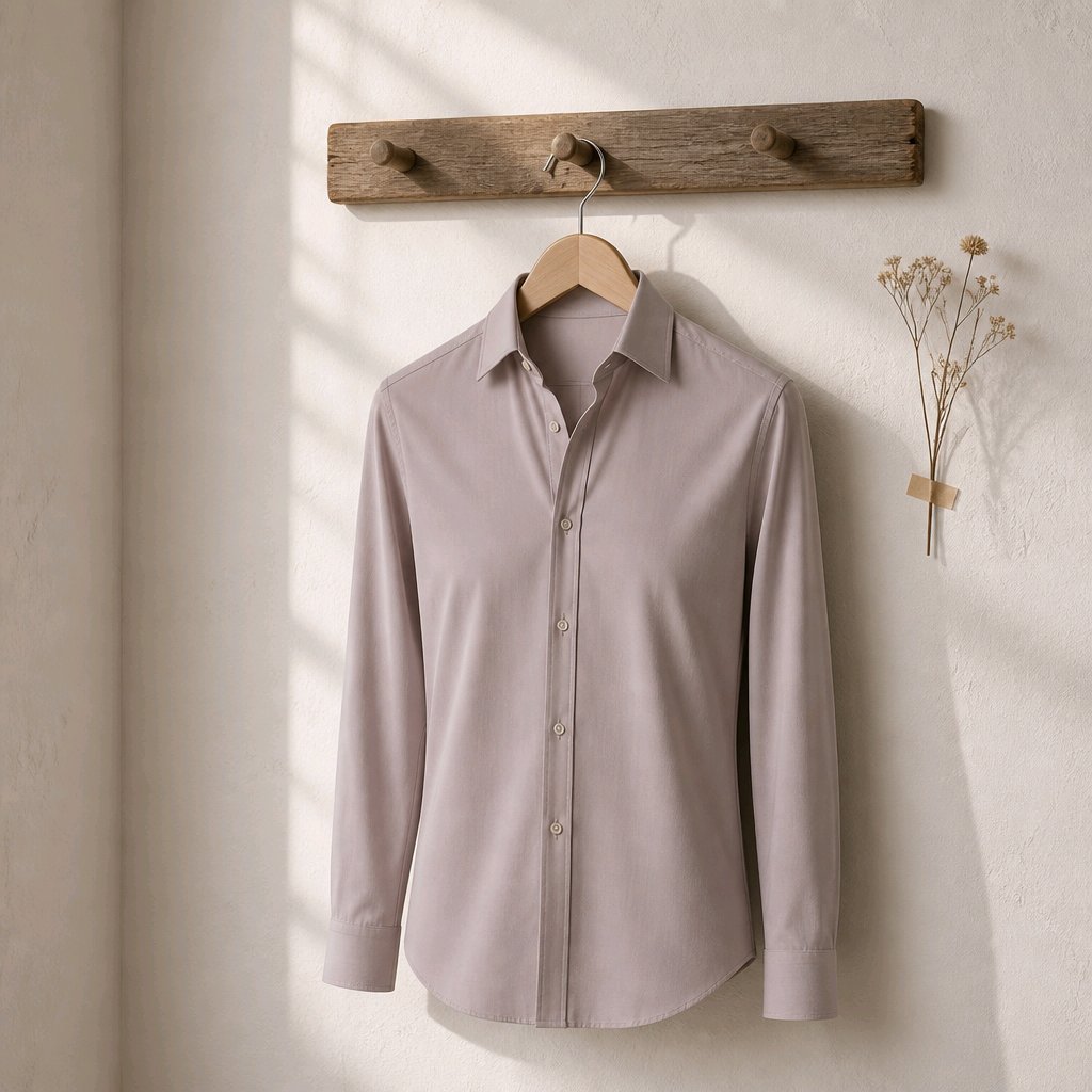 A light taupe long-sleeve button-up shirt hanging on a wooden hanger from a rustic wooden wall hook, with soft window shadows and a small dried flower arrangement on the side.