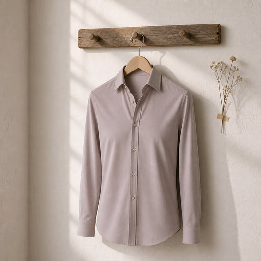 A light taupe long-sleeve button-up shirt hanging on a wooden hanger from a rustic wooden wall hook, with soft window shadows and a small dried flower arrangement on the side.