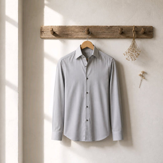 A light white long-sleeve button-up shirt hanging on a wooden hanger from a rustic wooden wall rack against a textured off-white wall.