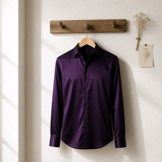 A long-sleeve button-up dress shirt in deep purple, hanging on a wooden hanger from a rustic wooden peg rail mounted on a textured white wall.