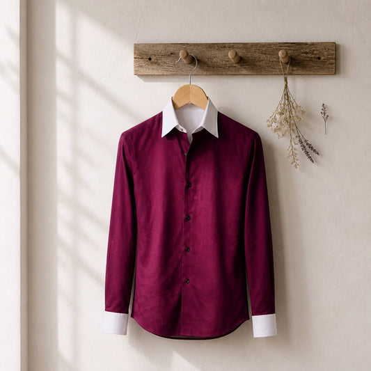 A long-sleeve button-up shirt in deep burgundy with a contrasting white collar and white cuffs, hanging on a wooden hanger from a rustic wooden peg rack against a textured off-white wall.