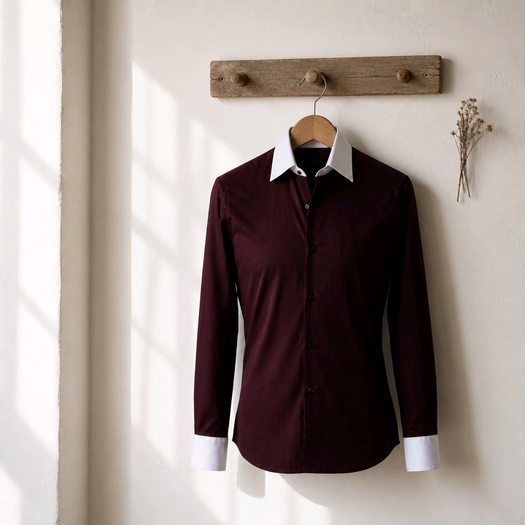 A long-sleeve button-up shirt in deep burgundy with a contrasting white pointed collar and white turned-back cuffs, hanging on a wooden hanger from a rustic wooden peg on a textured off-white wall.