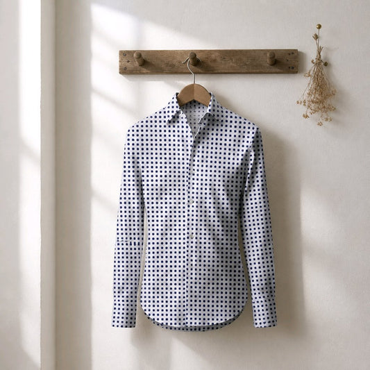 A long-sleeve button-up shirt with a small black and white polka dot pattern, hanging on a wooden hanger from a rustic wooden peg on a light beige wall.