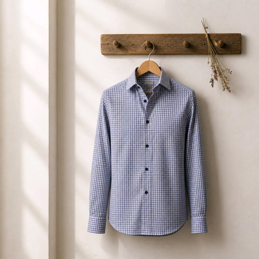 A long-sleeve button-up shirt with a small blue and white gingham check pattern, hanging on a wooden hanger from a rustic wooden wall rack against a warm off-white wall.