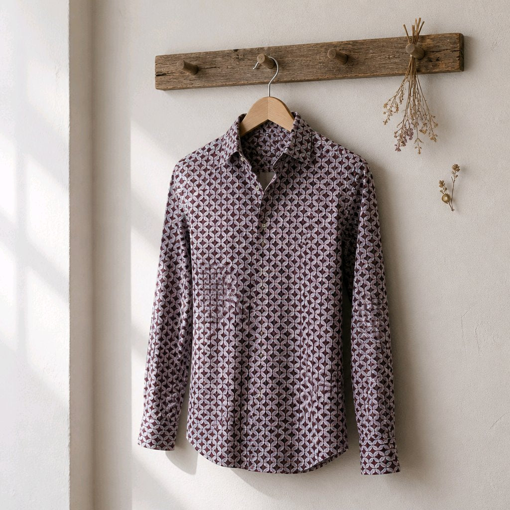 A long-sleeve button-up shirt with a small repeating geometric pattern in dark brown and muted purple, hanging on a wooden hanger from a rustic wooden peg on a textured off-white wall.