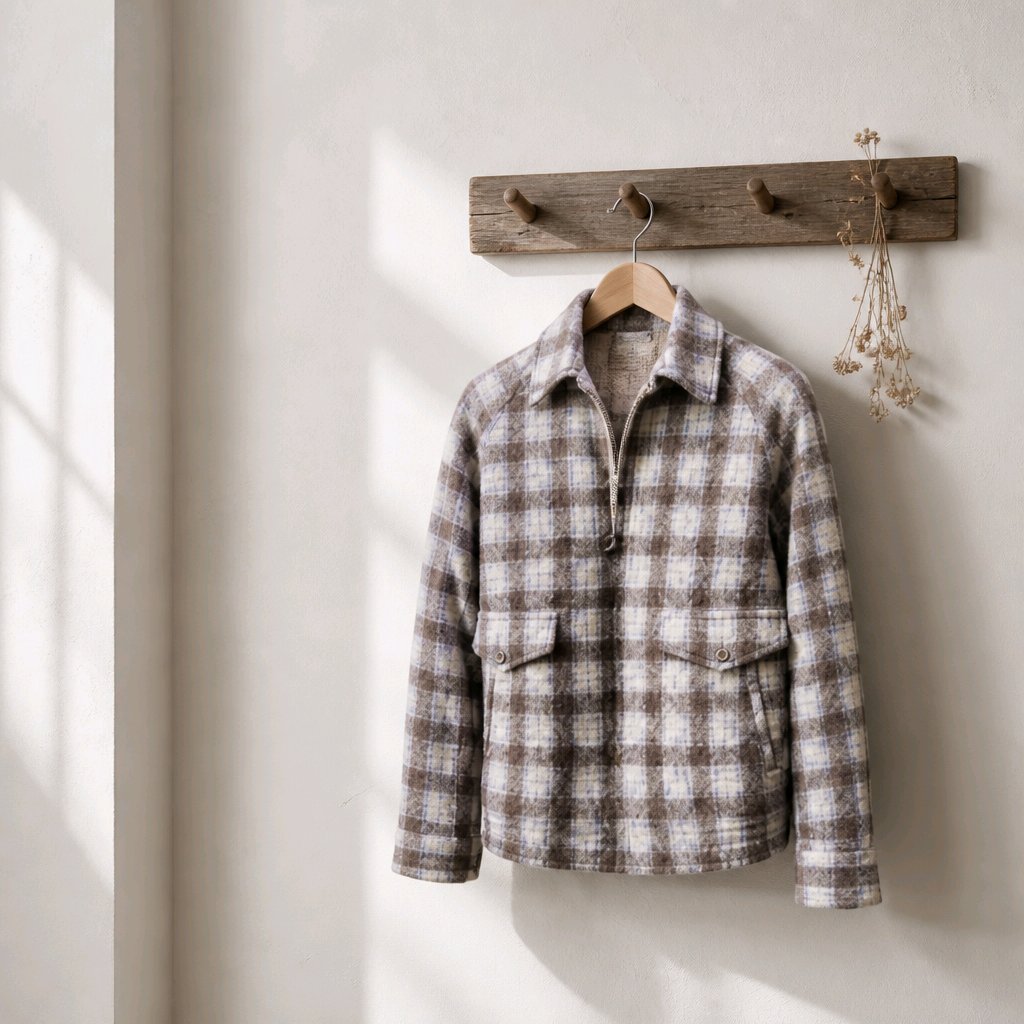 A long-sleeve plaid button-front jacket in brown and beige tones hangs on a wooden hanger from a rustic wooden wall rack against a light beige wall.