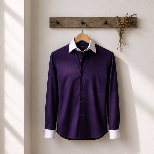 A long-sleeve purple dress shirt with a white collar and white cuffs, hanging on a wooden hanger from a rustic wooden wall hook with dried flowers.