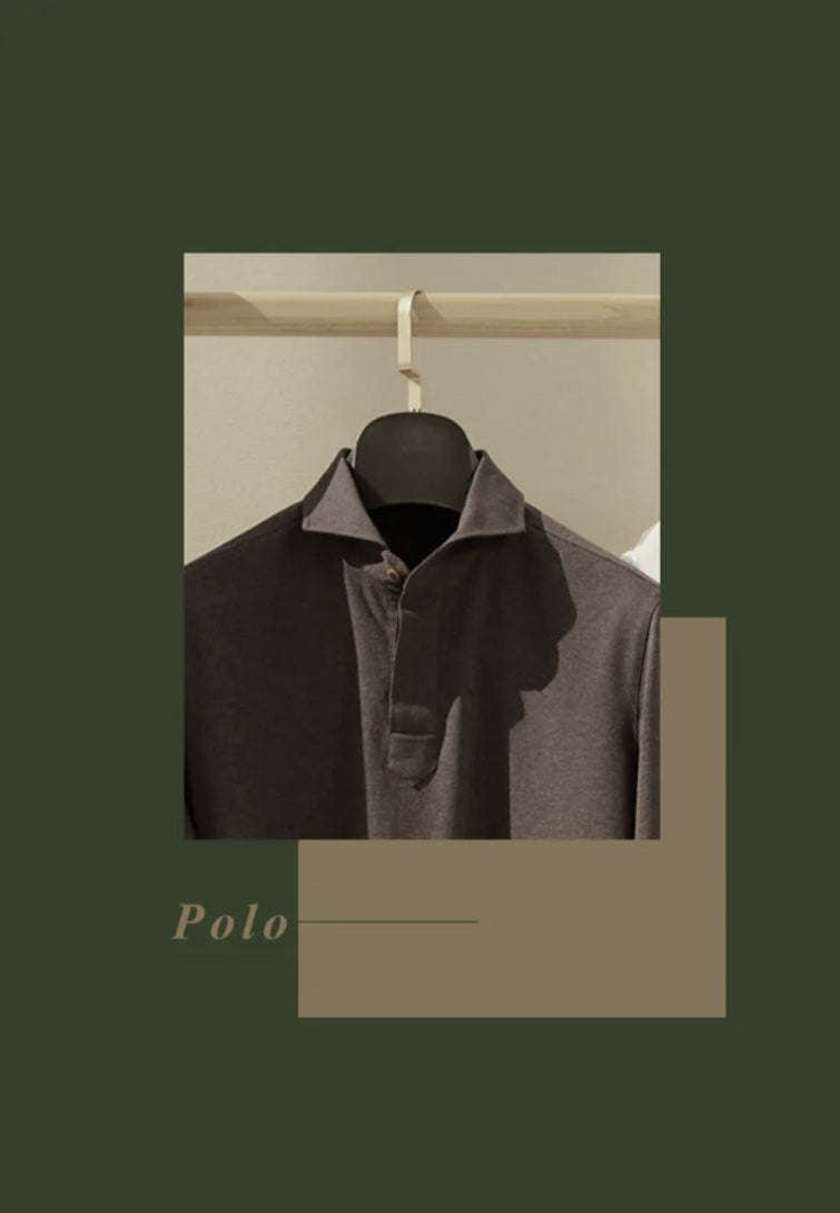 A long-sleeved brown polo shirt displayed on a hanger, with the brand name 'POLO' visible in the image.