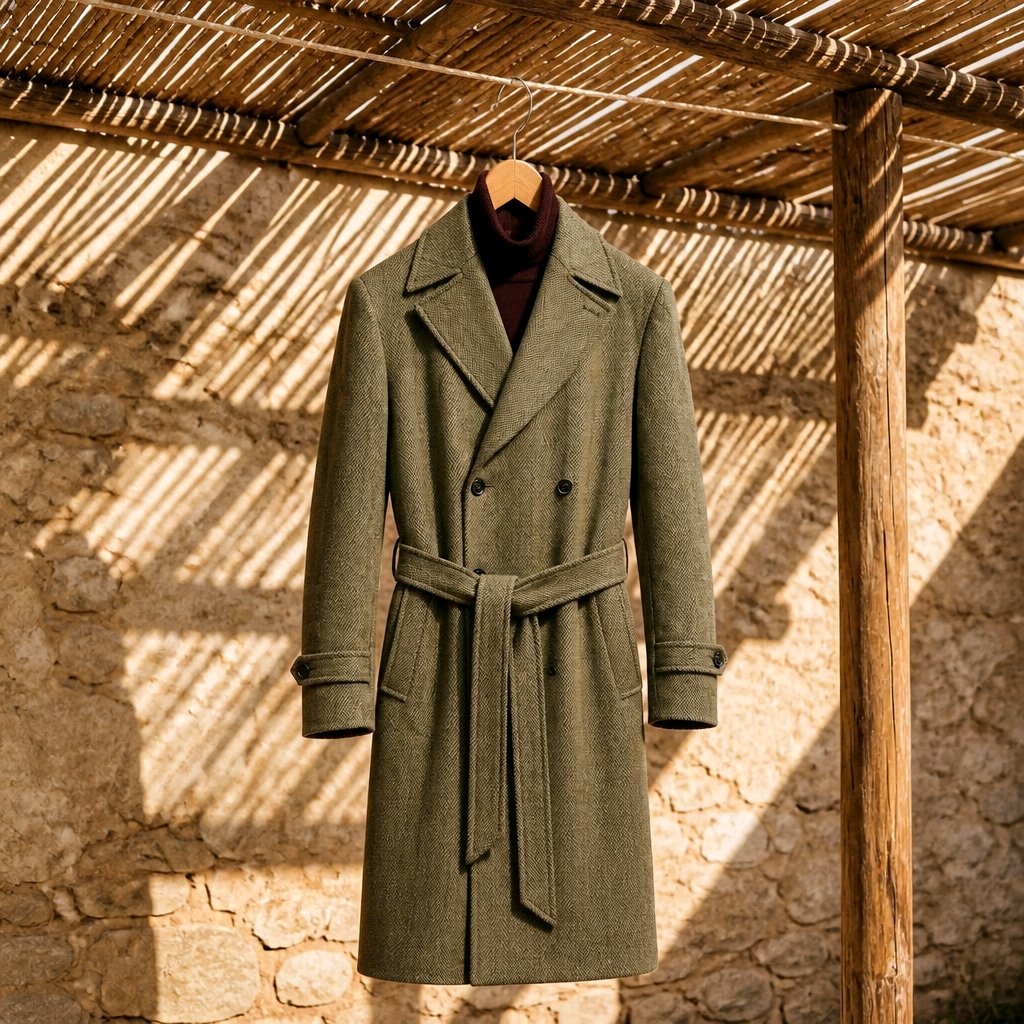 A long olive green double-breasted belted coat hanging on a wooden hanger against a rustic stone wall under a bamboo roof, with strong diagonal shadows.